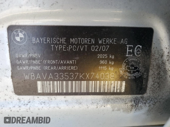 2007 BMW 3 Series 328i с VIN WBAVA33537KX74038, выставлен на аукционе Copart как лот 53875175 с пробегом Не указан миль и Списание • Salvage title. История ставок и продаж доступна на DreamBid. Изображение 14.