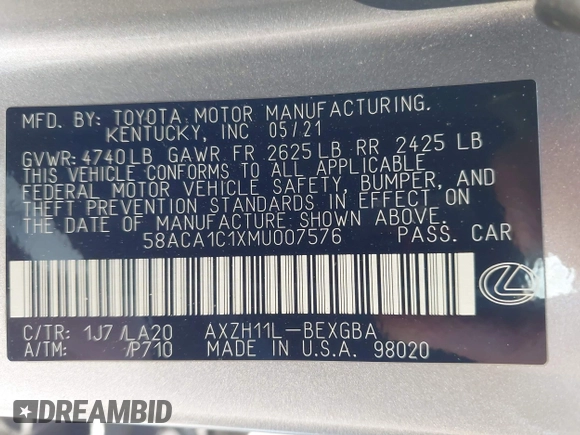 2021 Lexus ES 300h with VIN 58ACA1C1XMU007576, listed as a IAAI auction lot 42302934 with 24,614 mi miles and . Bid and sale history available at DreamBid. Image 9.