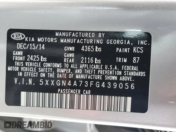 2015 Kia Optima EX with VIN 5XXGN4A73FG439056, listed as a Copart auction lot 48029355 with 81,392 mi miles and Salvage Title. Bid and sale history available at carsss.com. Image 12.