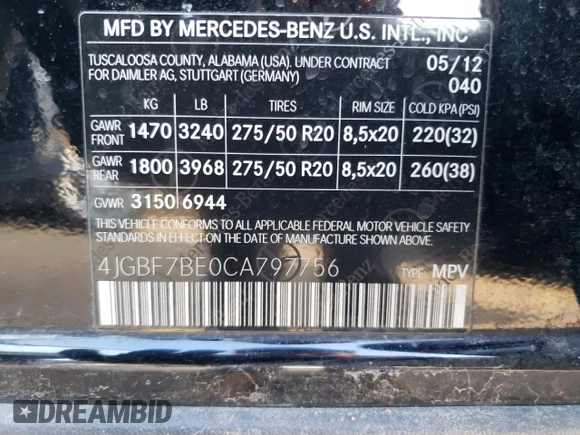 2012 Mercedes-Benz GL-Class GL 450 with VIN 4JGBF7BE0CA797756, listed as a Copart auction lot 44339684 with 109,428 mi miles and Salvage Title. Bid and sale history available at carsss.com. Image 12.