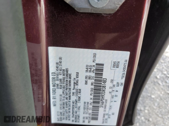 2013 Ford Fusion SE with VIN 3FA6P0H92DR381483, listed as a Copart auction lot 51206155 with 0 mi miles and Salvage Title. Bid and sale history available at carsss.com. Image 12.