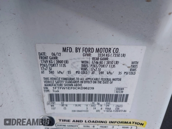2012 Ford F-150 XL с VIN 1FTFW1EF0CKD96239, выставлен на аукционе IAAI как лот 40387841 с пробегом 195 130 миль миль и . История ставок и продаж доступна на DreamBid. Изображение 9.