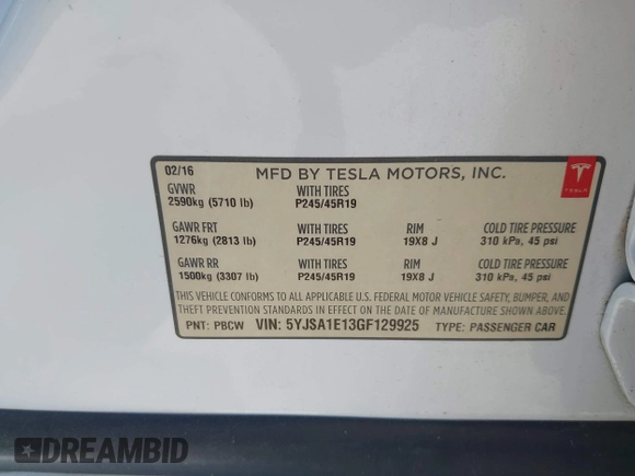 2016 Tesla Model S 70 z VIN 5YJSA1E13GF129925, wystawiony jako IAAI lot #42568012 z przebiegiem 109 195 mil mil oraz . Historia ofert i sprzedaży dostępna na DreamBid. Obrazek 9.