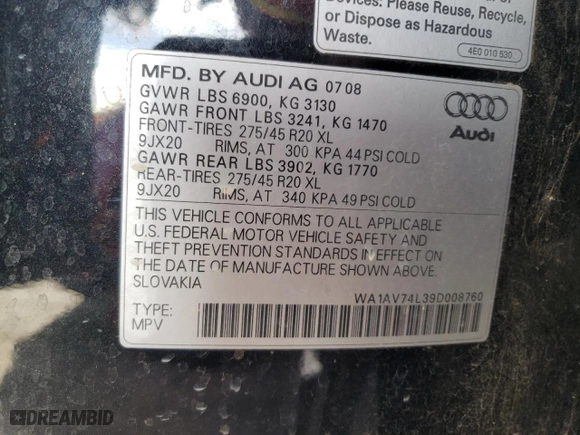 2009 Audi Q7 with VIN WA1AV74L39D008760, listed as a Copart auction lot 85834664 with 165,647 mi miles and Clean Title. Bid and sale history available at carsss.com. Image 13.