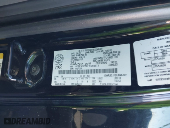 2015 Ford F-150 XLT with VIN 1FTFX1EF0FFB92972, listed as a IAAI auction lot 41366046 with 119,346 mi miles and . Bid and sale history available at DreamBid. Image 9.