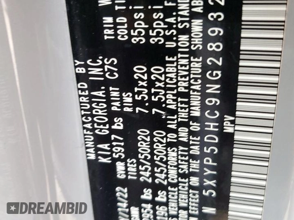 2022 Kia Telluride SX z VIN 5XYP5DHC9NG289323, wystawiony jako Copart lot #59310965 z przebiegiem 50 923 mil mil oraz Szkoda całkowita • Salvage title. Historia ofert i sprzedaży dostępna na DreamBid. Obrazek 13.