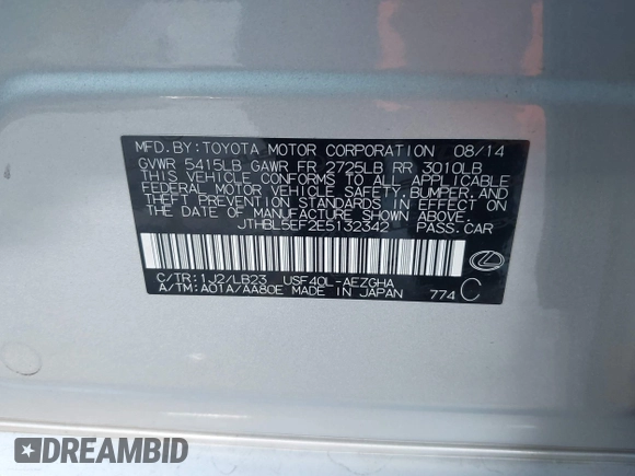 2014 Lexus LS 460 with VIN JTHBL5EF2E5132342, listed as a IAAI auction lot 41824998 with 75,301 mi miles and . Bid and sale history available at DreamBid. Image 9.