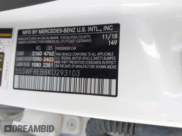 2019 Mercedes-Benz C 300 with VIN 55SWF8EB8KU293103, listed as a IAAI auction lot 41946778 with 47,993 mi miles and . Bid and sale history available at carsss.com. Image 9.