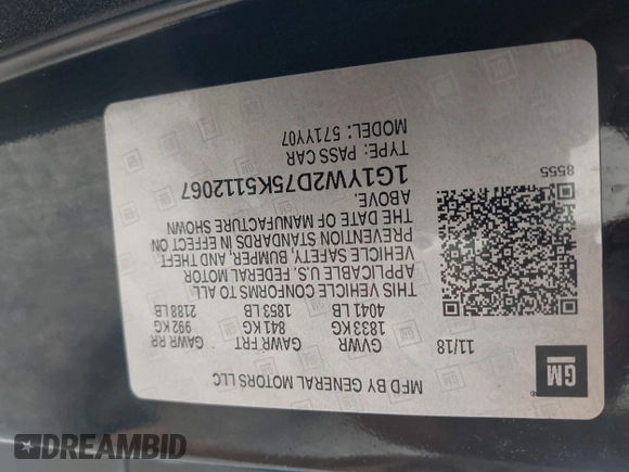 2019 Chevrolet Corvette Grand Sport 1LT with VIN 1G1YW2D75K5112067, listed as a IAAI auction lot 42087555 with Not provided miles and . Bid and sale history available at DreamBid. Image 9.