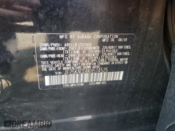 2019 Subaru Forester with VIN JF2SKACC4KH574525, listed as a Copart auction lot 60531165 with 62,729 mi miles and Salvage title. Bid and sale history available at DreamBid. Image 13.