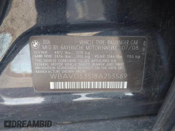 2008 BMW 3 Series 335xi with VIN WBAVD53518A253569, listed as a IAAI auction lot 41813544 with 1 mi miles. Bid and sale history available at carsss.com. Image 9.