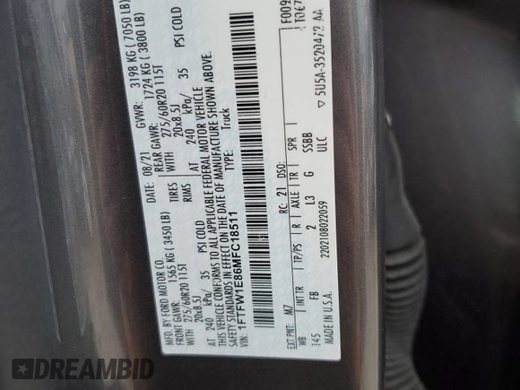 2021 Ford F-150 XL с VIN 1FTFW1E86MFC18511, выставлен на аукционе Copart как лот 60924895 с пробегом 60 766 миль миль и Списание • Salvage title. История ставок и продаж доступна на DreamBid. Изображение 13.