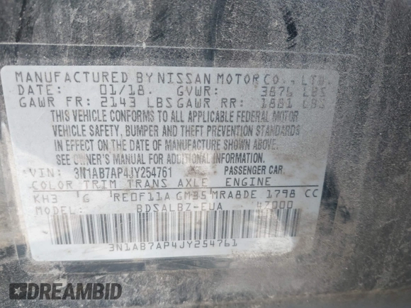 2018 Nissan Sentra SV z VIN 3N1AB7AP4JY254761, wystawiony jako IAAI lot #41511455 z przebiegiem 141 256 mil mil oraz . Historia ofert i sprzedaży dostępna na DreamBid. Obrazek 9.