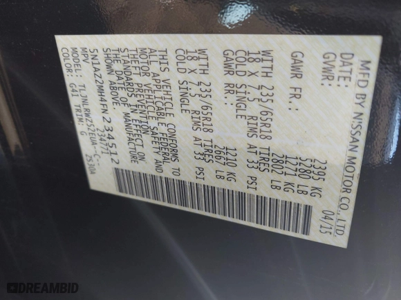 2015 Nissan Murano SL with VIN 5N1AZ2MH4FN234512, listed as a IAAI auction lot 41099415 with 86,365 mi miles. Bid and sale history available at carsss.com. Image 9.