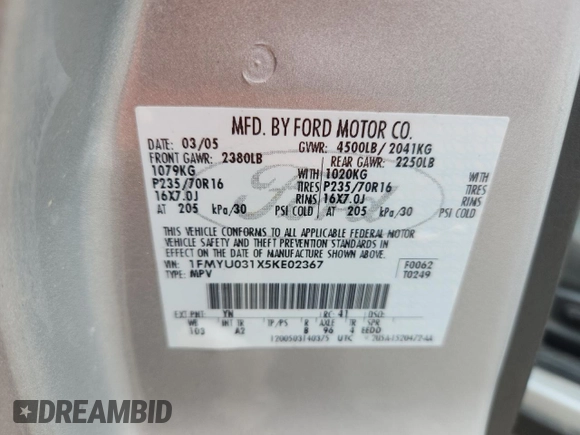 2005 Ford Escape XLT with VIN 1FMYU031X5KE02367, listed as a Copart auction lot 62699145 with 127,734 mi miles and Non repairable. Bid and sale history available at DreamBid. Image 13.