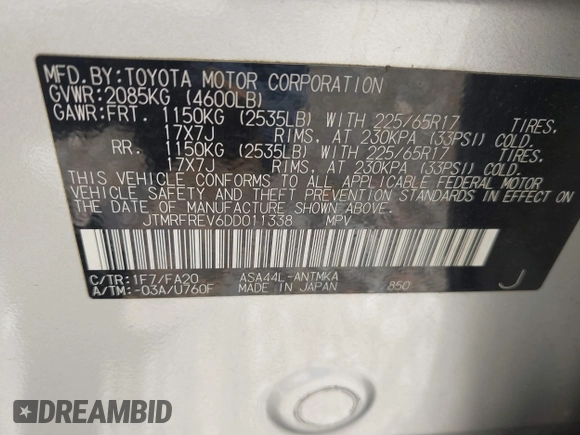 2013 Toyota RAV4 XLE with VIN JTMRFREV6DD011338, listed as a IAAI auction lot 42214088 with 202,537 mi miles and . Bid and sale history available at DreamBid. Image 9.