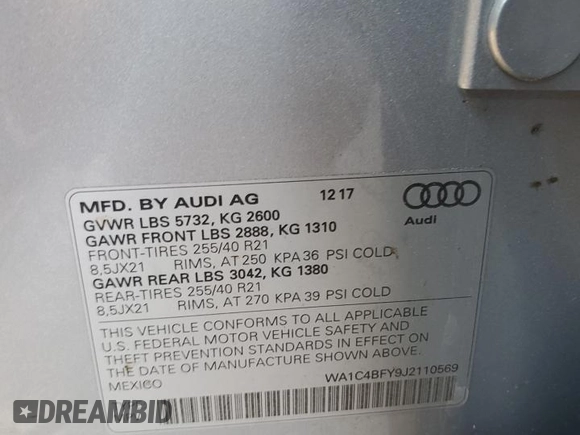 2018 Audi SQ5 with VIN WA1C4BFY9J2110569, listed as a Copart auction lot 79781664 with 71,841 mi miles and Salvage Title. Bid and sale history available at DreamBid. Image 12.