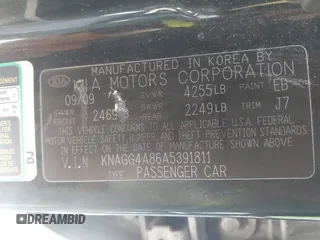 2010 Kia Optima LX with VIN KNAGG4A86A5391811, listed as a IAAI auction lot 41928441 with 152,385 mi miles. Bid and sale history available at carsss.com. Image 9.