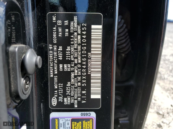 2013 Kia Optima SX with VIN 5XXGR4A61DG104452, listed as a Copart auction lot 50348135 with 193,986 mi miles and Salvage Title. Bid and sale history available at carsss.com. Image 12.
