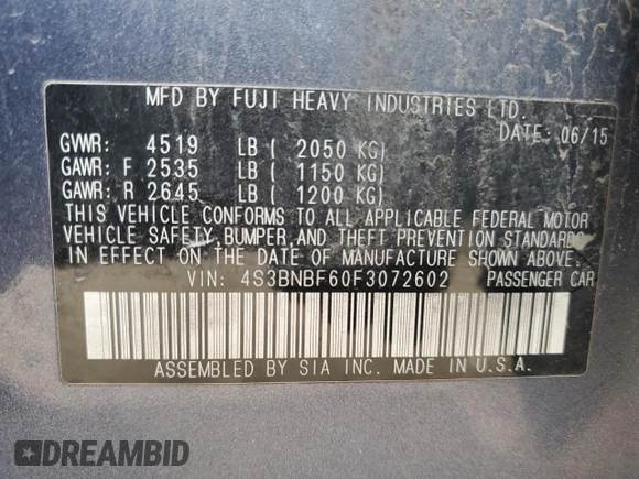 2015 Subaru Legacy Premium with VIN 4S3BNBF60F3072602, listed as a Copart auction lot 50512045 with 138,129 mi miles and Salvage Title. Bid and sale history available at DreamBid. Image 12.