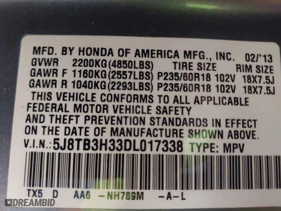 2013 Acura RDX with VIN 5J8TB3H33DL017338, listed as a IAAI auction lot 39946783 with 218,204 mi miles. Bid and sale history available at carsss.com. Image 9.