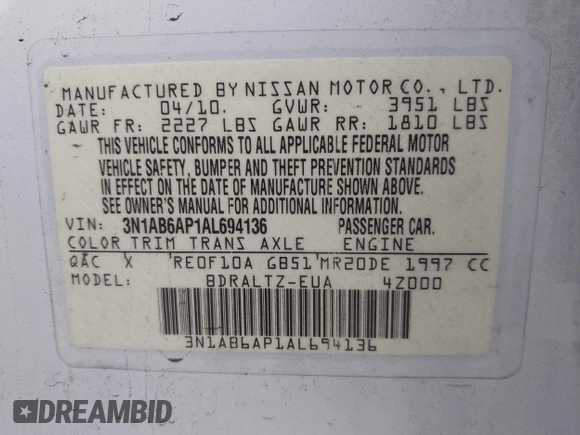 2010 Nissan Sentra SR with VIN 3N1AB6AP1AL694136, listed as a IAAI auction lot 42207837 with 113,018 mi miles and . Bid and sale history available at DreamBid. Image 9.