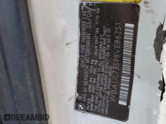 2008 BMW 1 Series 128i with VIN WBAUL73598VE86251, listed as a Copart auction lot 64811234 with Not provided miles and Salvage title. Bid and sale history available at DreamBid. Image 12.