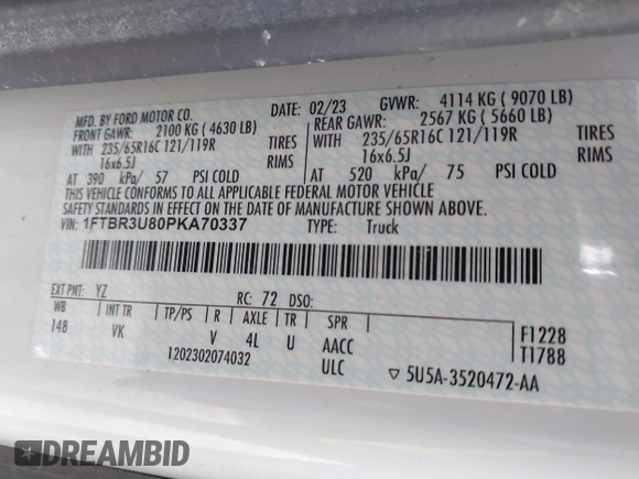 2023 Ford Transit Cargo with VIN 1FTBR3U80PKA70337, listed as a IAAI auction lot 41895248 with 51,430 mi miles and . Bid and sale history available at DreamBid. Image 9.