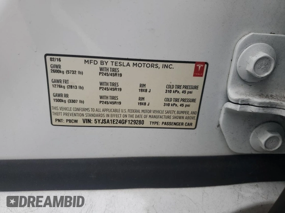 2016 Tesla Model S 90D with VIN 5YJSA1E24GF129280, listed as a Copart auction lot 50654395 with 118,711 mi miles and Salvage Title. Bid and sale history available at DreamBid. Image 14.