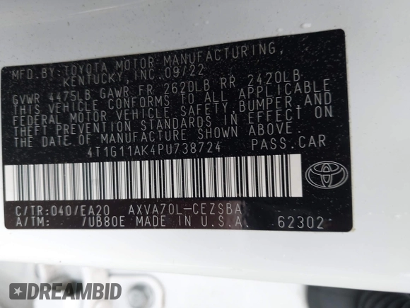 2023 Toyota Camry SE z VIN 4T1G11AK4PU738724, wystawiony jako IAAI lot #42123044 z przebiegiem 58 659 mil mil oraz . Historia ofert i sprzedaży dostępna na DreamBid. Obrazek 9.