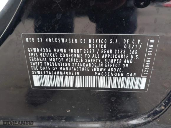 2017 Volkswagen Jetta 1.8T SEL with VIN 3VWL17AJ4HM400210, listed as a IAAI auction lot 41573438 with 70,411 mi miles. Bid and sale history available at carsss.com. Image 9.