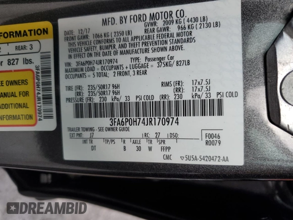 2018 Ford Fusion SE with VIN 3FA6P0H74JR170974, listed as a Copart auction lot 47134295 with 148,023 mi miles and Salvage Title. Bid and sale history available at DreamBid. Image 14.