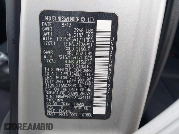 2013 Nissan Juke SV with VIN JN8AF5MR7DT224111, listed as a IAAI auction lot 41436303 with 102,432 mi miles. Bid and sale history available at carsss.com. Image 9.