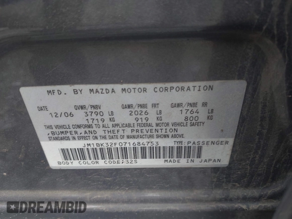 2007 Mazda 3 i Sport with VIN JM1BK32F071684753, listed as a IAAI auction lot 42164139 with 205,143 mi miles. Bid and sale history available at carsss.com. Image 9.