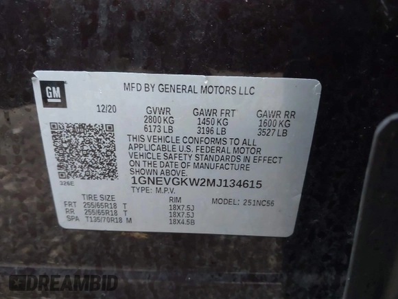 2021 Chevrolet Traverse LT Cloth with VIN 1GNEVGKW2MJ134615, listed as a IAAI auction lot 41667174 with 52,717 mi miles. Bid and sale history available at carsss.com. Image 9.