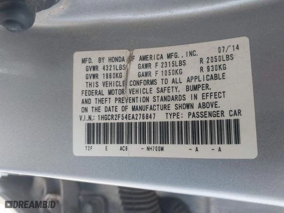 2014 Honda Accord Sedan Sport with VIN 1HGCR2F54EA276847, listed as a IAAI auction lot 41875985 with 132,292 mi miles. Bid and sale history available at carsss.com. Image 9.
