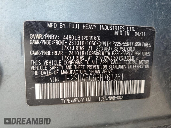2011 Subaru Forester X Limited with VIN JF2SHAEC6BH761261, listed as a Copart auction lot 62580315 with 134,512 mi miles and Clean title. Bid and sale history available at DreamBid. Image 12.