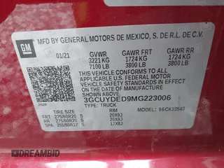 2021 Chevrolet Silverado 1500 LT with VIN 3GCUYDED9MG223006, listed as a IAAI auction lot 41846144 with 14,764 mi miles and . Bid and sale history available at DreamBid. Image 9.