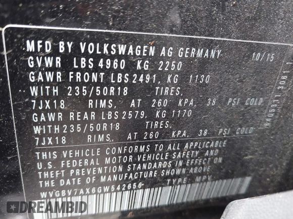 2016 Volkswagen Tiguan S with VIN WVGBV7AX6GW542656, listed as a IAAI auction lot 42081760 with 85,200 mi miles and . Bid and sale history available at DreamBid. Image 9.