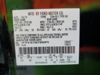 2014 Ford F-150 XL with VIN 1FTFX1ET9EFB82879, listed as a Copart auction lot 49855315 with 142,217 mi miles and Salvage title. Bid and sale history available at DreamBid. Image 12.