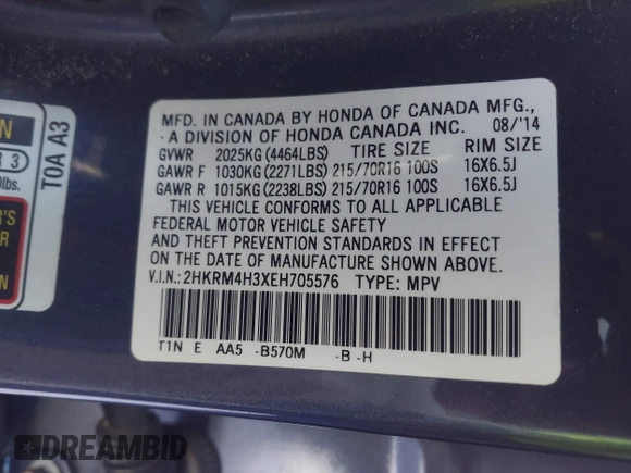 2014 Honda CR-V LX with VIN 2HKRM4H3XEH705576, listed as a IAAI auction lot 41280825 with 124,845 mi miles. Bid and sale history available at carsss.com. Image 9.