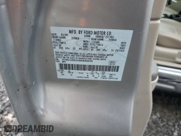 2009 Ford Escape Hybrid with VIN 1FMCU593X9KB92939, listed as a Copart auction lot 57641855 with 168,597 mi miles and Salvage title. Bid and sale history available at DreamBid. Image 13.