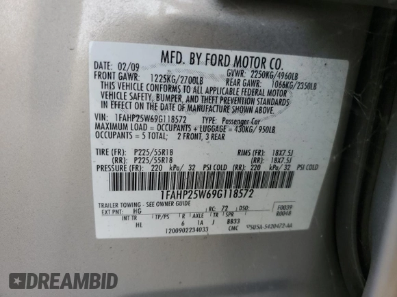 2009 Ford Taurus Limited with VIN 1FAHP25W69G118572, listed as a Copart auction lot 47356135 with 124,956 mi miles and Clean Title. Bid and sale history available at carsss.com. Image 12.