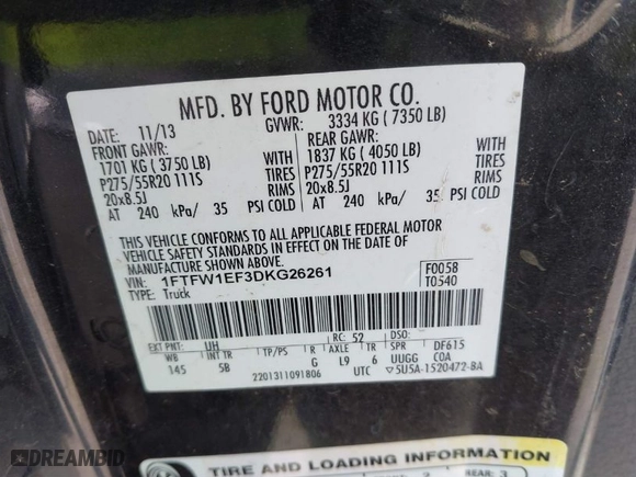 2013 Ford F-150 XL with VIN 1FTFW1EF3DKG26261, listed as a IAAI auction lot 41803180 with 1 mi miles. Bid and sale history available at carsss.com. Image 9.