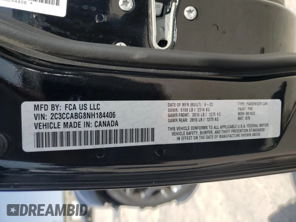 2022 Chrysler 300 S with VIN 2C3CCABG8NH184406, listed as a Copart auction lot 48822155 with 38,899 mi miles and Salvage title. Bid and sale history available at DreamBid. Image 13.