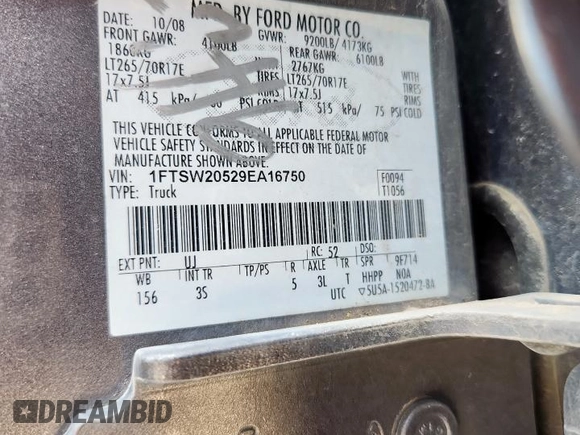 2009 Ford F-250 XL с VIN 1FTSW20529EA16750, выставлен на аукционе Copart как лот 60910875 с пробегом 186 564 миль миль и Списание • Salvage title. История ставок и продаж доступна на DreamBid. Изображение 12.