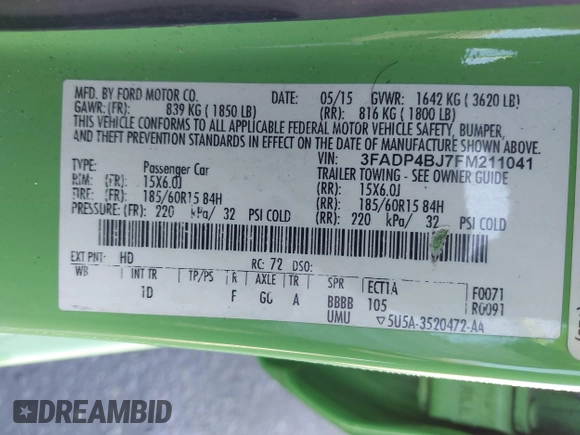 2015 Ford Fiesta SE with VIN 3FADP4BJ7FM211041, listed as a IAAI auction lot 41625903 with 135,532 mi miles. Bid and sale history available at carsss.com. Image 9.