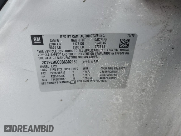 2011 GMC Terrain SLE-1 with VIN 2CTFLREC8B6302160, listed as a Copart auction lot 88136895 with Not provided miles and Clean title. Bid and sale history available at DreamBid. Image 12.