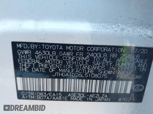 2020 Lexus IS with VIN JTHGA1D26L5108075, listed as a IAAI auction lot 41596808 with 27,054 mi miles. Bid and sale history available at carsss.com. Image 9.