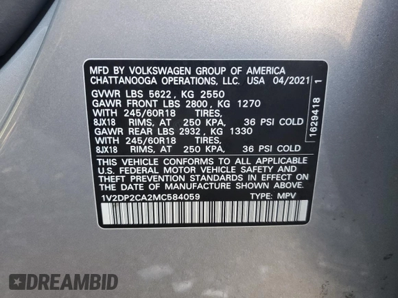 2021 Volkswagen Atlas SE z VIN 1V2DP2CA2MC584059, wystawiony jako Copart lot #43616445 z przebiegiem 163 230 mil mil oraz Czysty tytuł • Clean title. Historia ofert i sprzedaży dostępna na DreamBid. Obrazek 13.